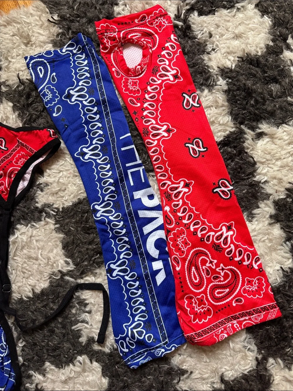 NWT Bandana Split Crop Harness Bodysuit & Arm Sleeves Set - Red & Blue